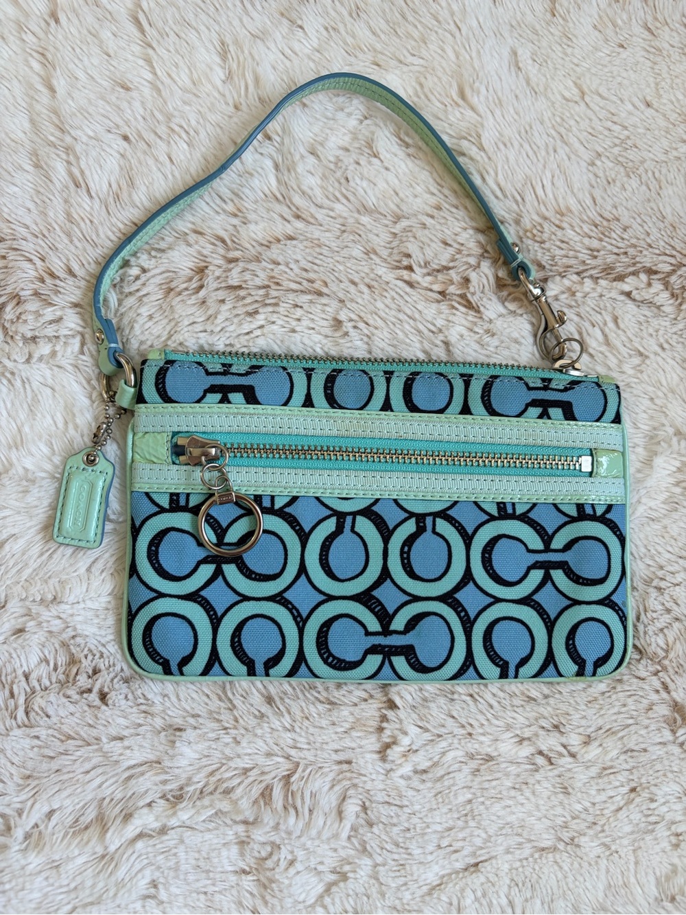 💙 Coach Poppy 3D Op Art Y2K Wristlet Aqua Blue Teal Rare Vintage 2000s McBling
